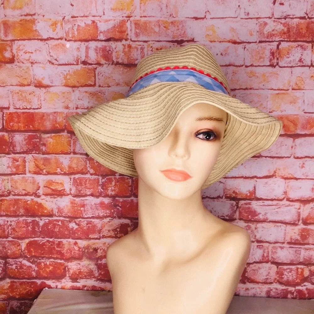 Tan Straw Sun Hat with Blue and Red Cotton Ribbon